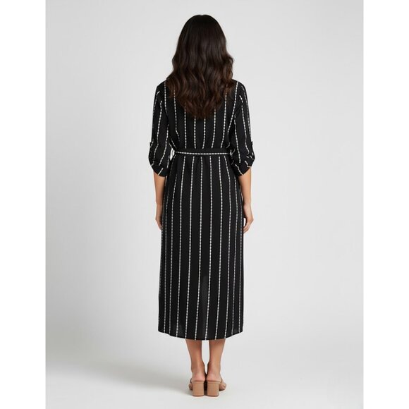 La Blanca Cover-Up Dress M Black White Striped Belted Resort Beach Midi NWOT - Picture 2 of 12